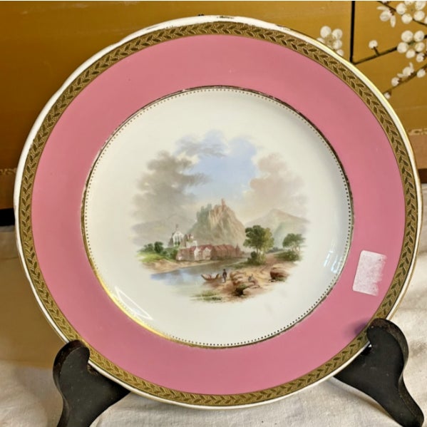Antique 19th Cen Minton Topography Plates Pink Border Gold Trim 9" Dia For Sale - Image 9 of 10