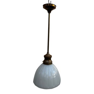 Large Vintage Clam Broth Shade With Antique Brass Hardware For Sale
