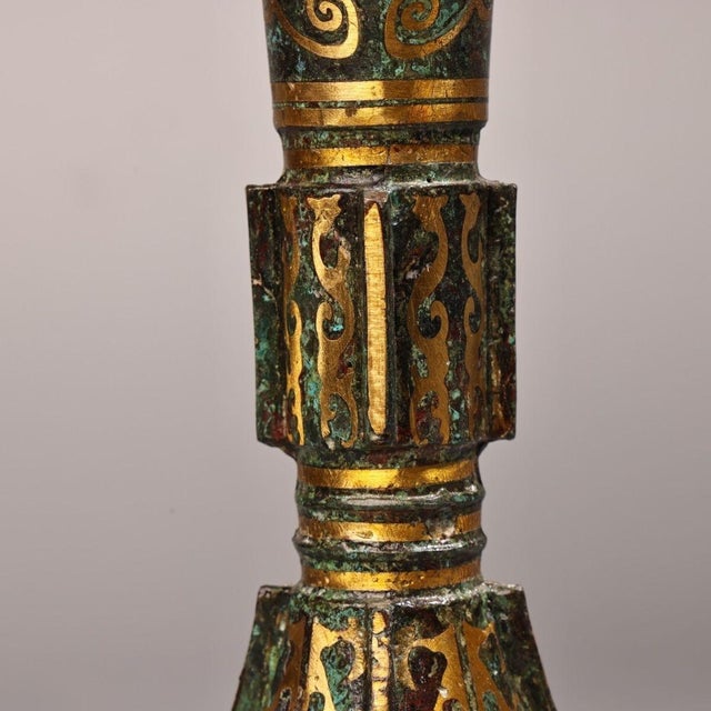 Bronze Gu Vase With Gold Inlay & Inscribed Markings, Archaic Scroll Motif, Tall Flared Ritual Style Bronze Vessel For Sale - Image 4 of 9