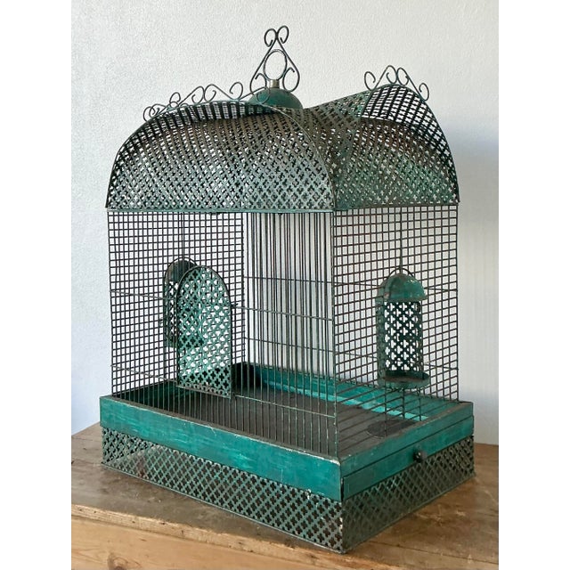 Teal Vintage Boho Punch Cut Metal Bird Cage For Sale - Image 8 of 9