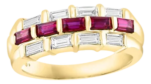 Baguettes Diamonds & Princess Cut Natural Burma Ruby Ring 14 Karat Yellow Gold