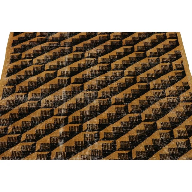 Traditional Vintage Zeki Müren Rug Pair in Ochre and Black Geometric Patterns - Rug & Kilim For Sale - Image 3 of 5