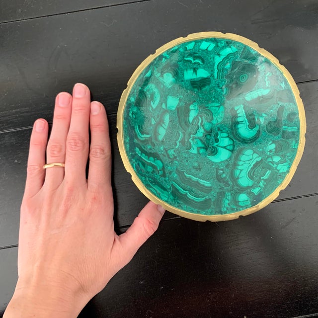2010s Malachite Bowls With Brass Rim Detailing - a Pair For Sale - Image 5 of 6