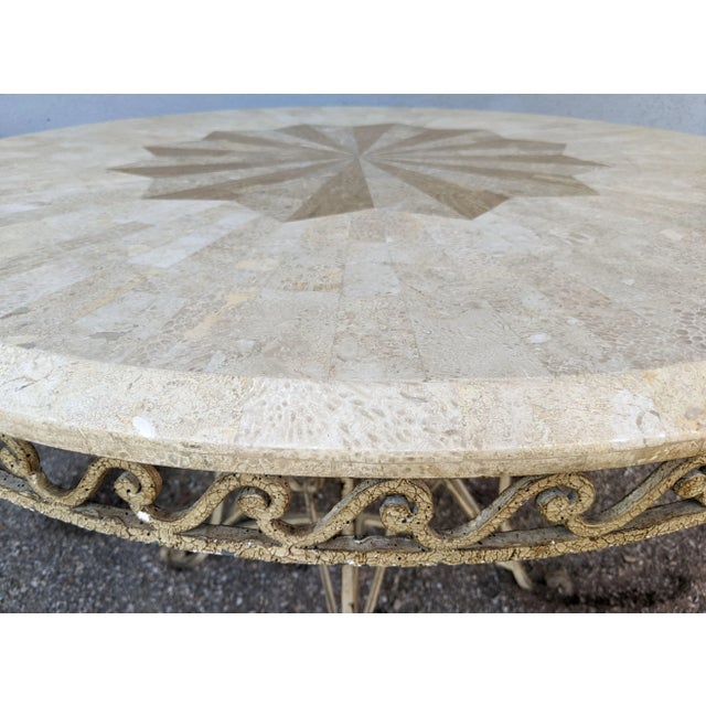Tan 1990s Thomasville 44" Wrought Iron Table W/Tessellated Fossiliferous Limestone Top For Sale - Image 8 of 12