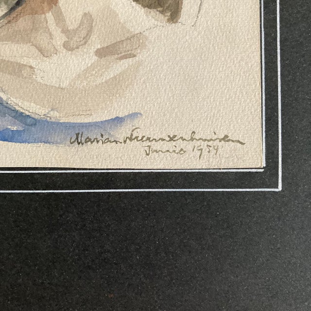 Mid-Century Modern 1954 Original Modern Portrait Watercolor Painting of a Woman with Long Hair For Sale - Image 3 of 9