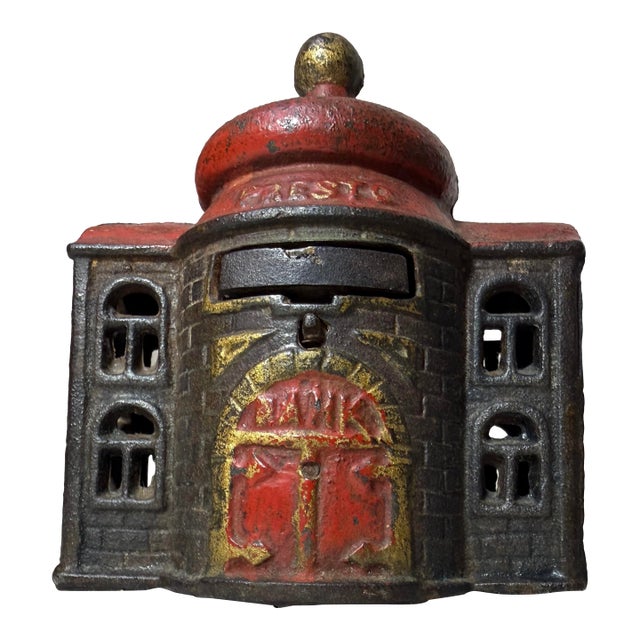 Antique 1892 Kyser & Rex Cast Iron Mechanical Still Bank Presto Building 19th C. For Sale
