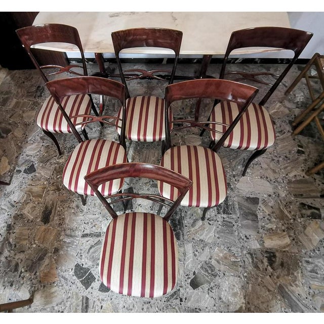 Set of 6 chairs, cream white, burgundy red, wood, vintage, well-kept, dimensions: 44 x 43 x h 95 x h seat: 50 period: 1960...