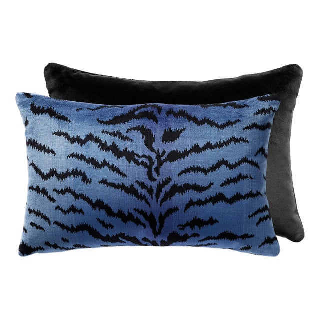The House of Scalamandré Tigre - Silk Lumbar Pillow, Blue, 22 X 14 For Sale