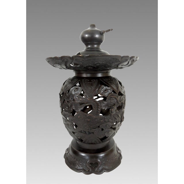 Old Japanese Bronze Reticulated Censer / Candle Lamp With Dragons and Clouds, Lantern, 2 Part For Sale - Image 4 of 10