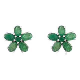 5.02 CTW Natural Emerald Floral Stud Earrings in 925 Sterling Silver- 2 Pieces For Sale