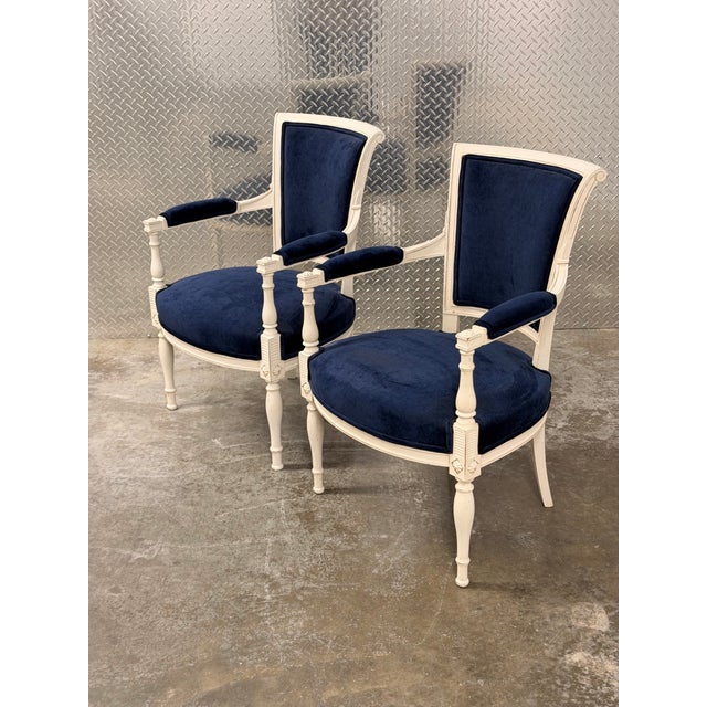 Vintage Classic French “ Petite “ Louis XVI Style Armchairs Featuring Deep Navy Blue Velvet Upholstery - A Pair For Sale - Image 12 of 12