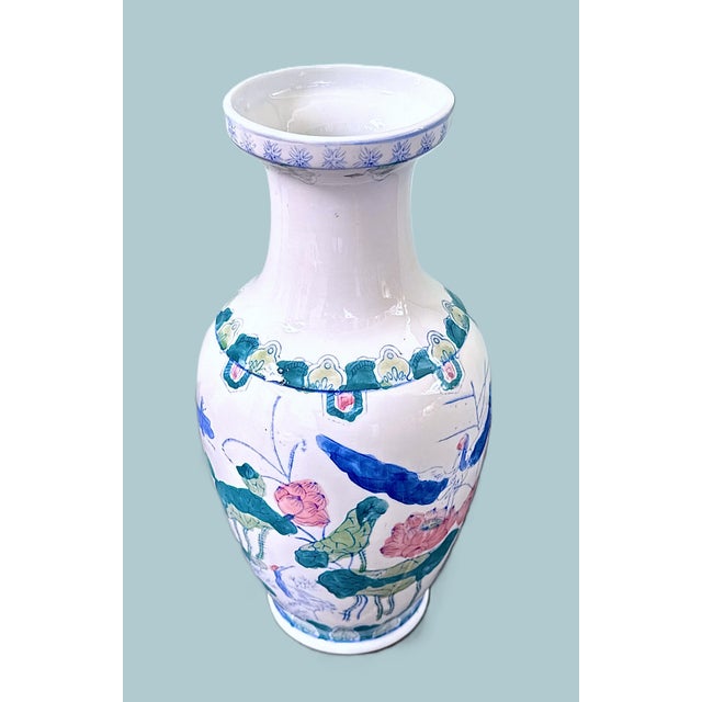Chinoiserie Large Vintage Chinoiserie Vase: Pink Lotus, Bird & Chrysanthemum Decor For Sale - Image 3 of 8