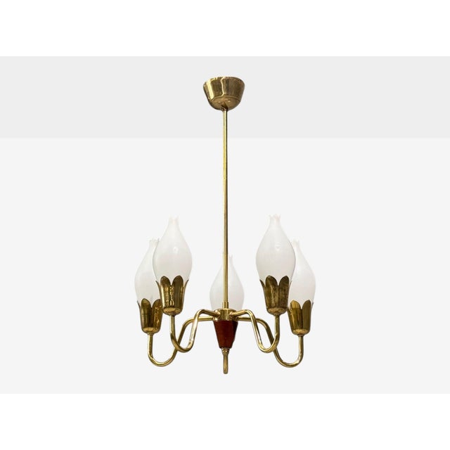 Fog & Mørup, Danish Mid-Century Modern, Tulip Chandelier or Pendant Light, Opal Glass, Brass, Teak, Denmark, 1960s A tulip...