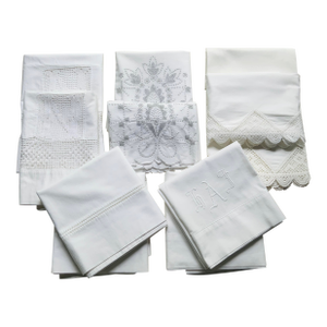 10 Antique Cotton Pillowcases — Crochet, Whitework & Monogram — Nantucket Estate, C. 1930s