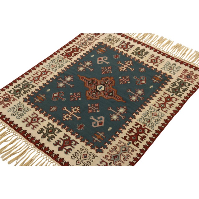 Tribal Handwoven Vintage Balkan Kilim Rug in Blue, Beige, Red Medallion Pattern For Sale - Image 3 of 7