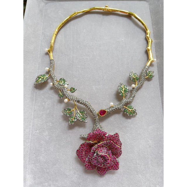 Gemstone Bochic “Orient” Vintage Ruby, Tsavorite, Zircon & Diamond Necklace 18K Gold & Silver For Sale - Image 7 of 12