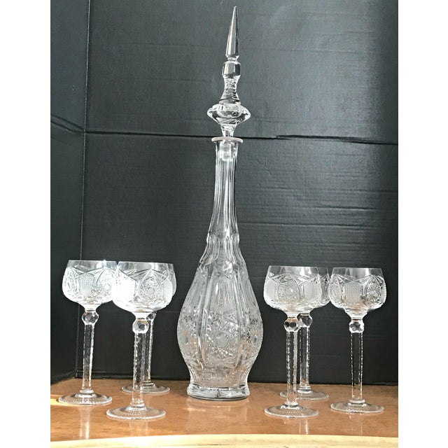 Cut Crystal Wine Decanter with 6 Long Stem Glasses Set of 7 Chairish
