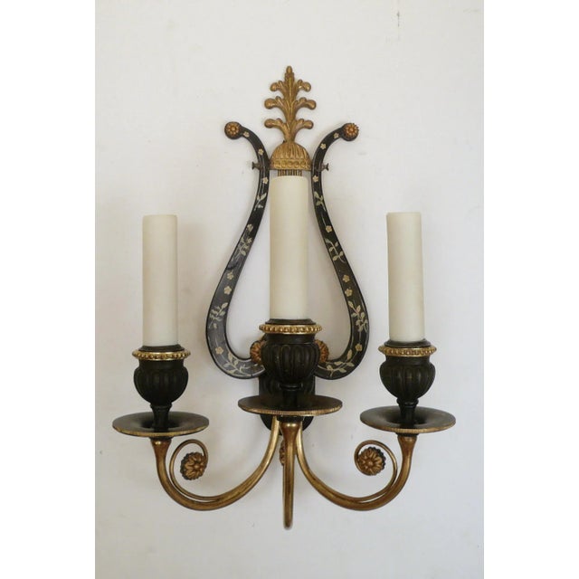 Metal E. F. Caldwell Lyre Form Bronze Sconces - A Pair For Sale - Image 7 of 10