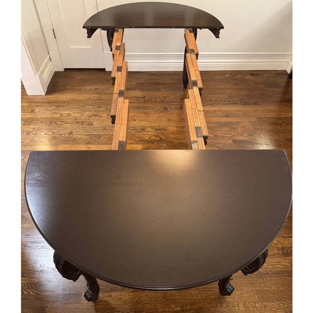 Mid 20th Century Vintage Hand-Carved Mahogany Veneer Extension Dining Table - 40.5" Round to 88.5" For Sale - Image 5 of 11