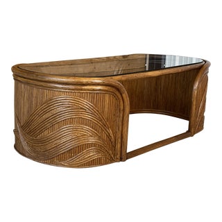Vintage Coastal Pencil Reed Rattan Oval Sculptural Leaf Coffee Table For Sale