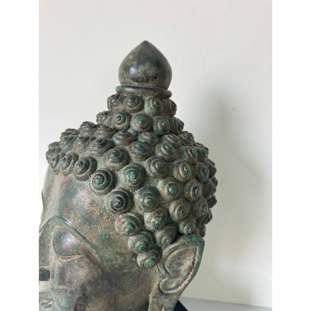 Vintage Verdigris Bronze Buddha Head Sculpture on Black Marble Base For Sale In Miami - Image 6 of 12