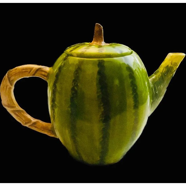 Hollywood Regency Vintage Trompe De L’ Oeil Ceramic Watermelon Shaped Tea Pot For Sale - Image 4 of 13
