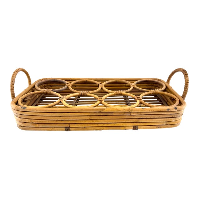 1960s Mid-Century Modern Rattan Drink Caddy With Wine Bottle Rack For Sale