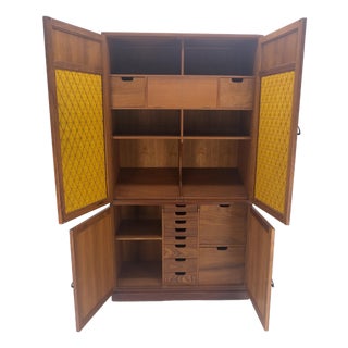 Solid Teak Multiple Fitted Drawers Amber Textured Glass Doors Cabinet Credenza For Sale