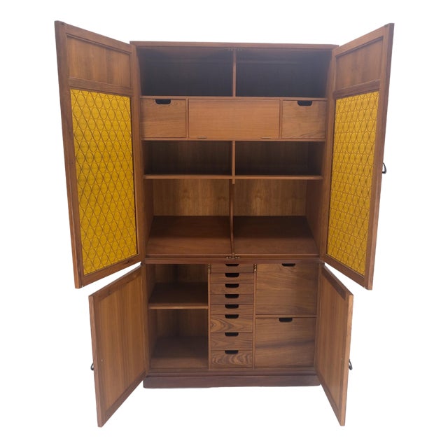 Solid Teak Multiple Fitted Drawers Amber Textured Glass Doors Cabinet Credenza For Sale