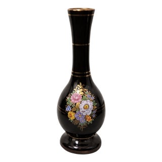 Handmade Greek Black Porcelain Vase with Hand Painted Floral Motif and 24k Gold Gilding For Sale