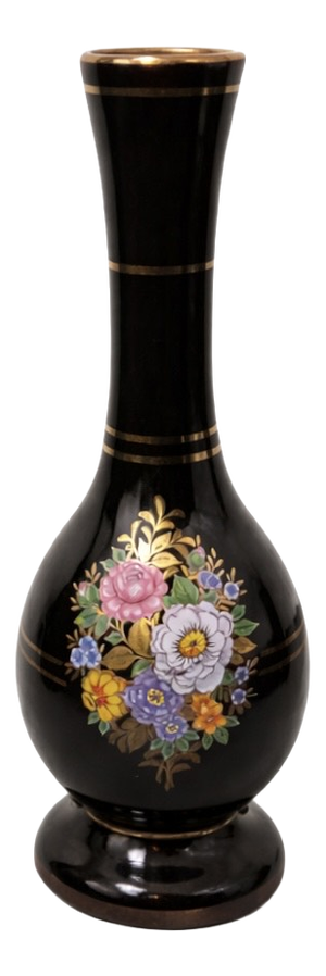 Handmade Greek Black Porcelain Vase with Hand Painted Floral Motif and 24k Gold Gilding