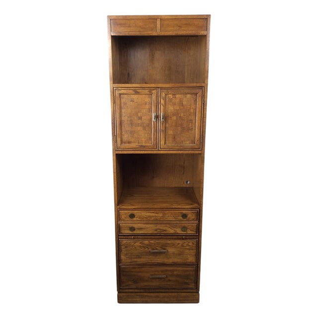 Vintage Oak Wall Unit With Brass Hardware by Thomasville For Sale
