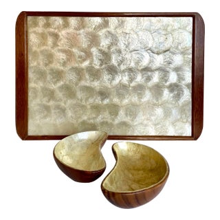 Vintage Capiz Shell Wood Tray and Matching Bowls For Sale