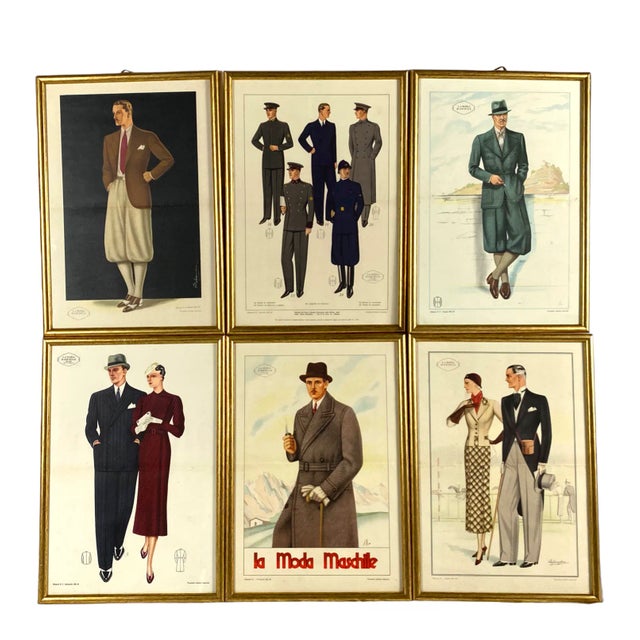 1930s "La Moda Maschile" Original Men and Women Fashion Prints, Framed - Set of 6 For Sale - Image 13 of 13