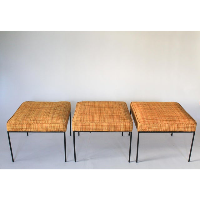 Mid-Century Modern 1950s Upholstered Wrought Iron Based Stools Attributed to Paul McCobb - Set of Three For Sale - Image 3 of 13