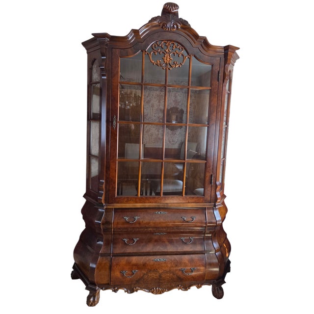 Baroque Antique Burlwood Walnut Dutch Bombe Display China Cabinet Hutch Curio Baroque For Sale - Image 3 of 17