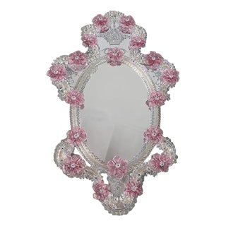 Italian Venetian Oval Pink Floral Mirror in Hand-Carved Murano Glass Style by Simoeng for Simoeng For Sale