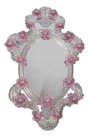 Italian Venetian Oval Pink Floral Mirror in Hand-Carved Murano Glass Style by Simoeng for Simoeng