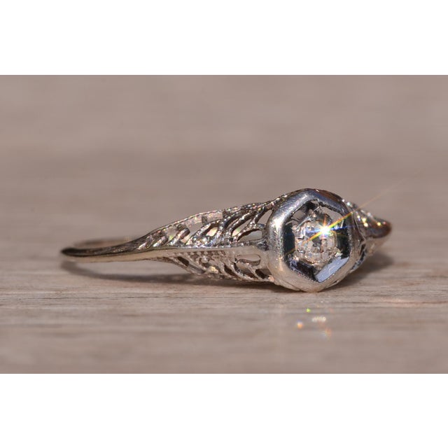 Silver The Horton Neck: Antique Filigree Engagement Ring with Old Mine Cut Diamond For Sale - Image 8 of 11