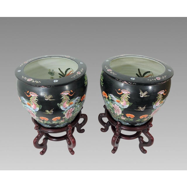 Wood Antique Nyonya Straits Chinese Porcelain Planters, Jardinieres, Famille Noire Black With Goldfish & Phoenix Birds, a Pair, Rosewood Stands, For Sale - Image 7 of 12