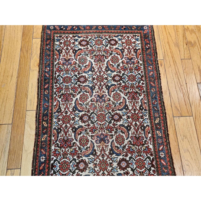 Vintage Persian Malayer Runner Rug, Hand-Knotted Wool, Geometric Pattern, 3x9, Ivory & Blue For Sale - Image 9 of 13