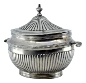 Sugar Bowl in Fluted Silver with Pearly Frieze and Outer Handles