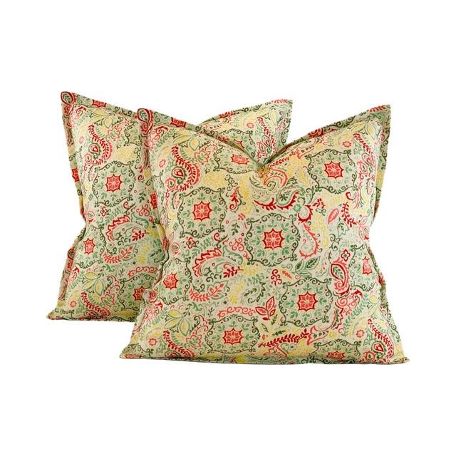 Designer P Kaufmann Cream Coral Green Yellow Botanical Floral Medallion Paisley Suzani Pillow Covers- 19" Pair For Sale In Jacksonville, FL - Image 6 of 6