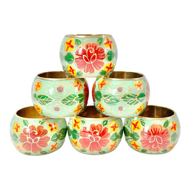 Vintage Asian Lacquered Brass Floral Napkin Rings, Hand-Painted Mint Green - Set of 6 For Sale