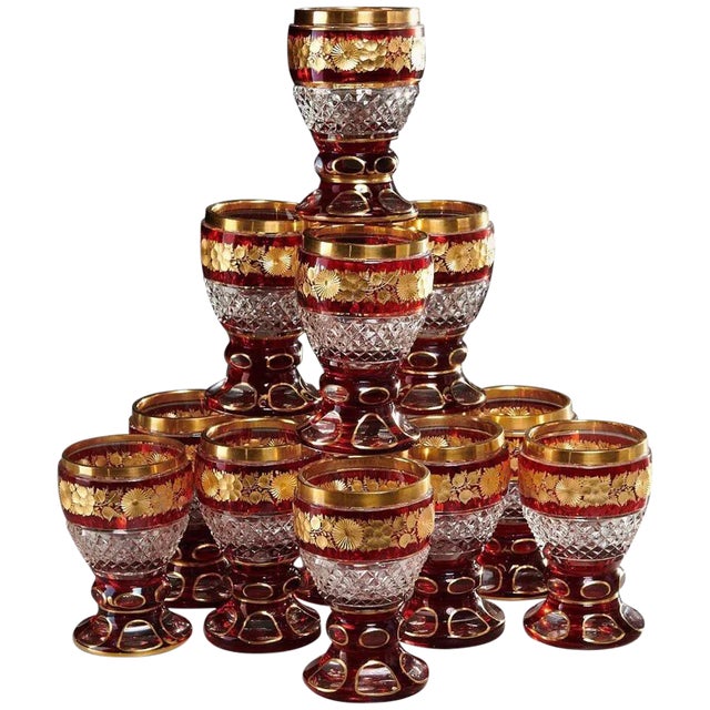 Late 19th Century Ruby & Parcel-Gilt Bohemian Glasses - Set of 12 For Sale