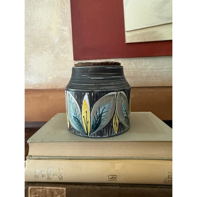 Vintage Italian Tobak Jar With Cork Lid | Mid-Century Modern Pottery Tobacco Canister | Hand-Painted Foliage Motif For Sale - Image 4 of 12
