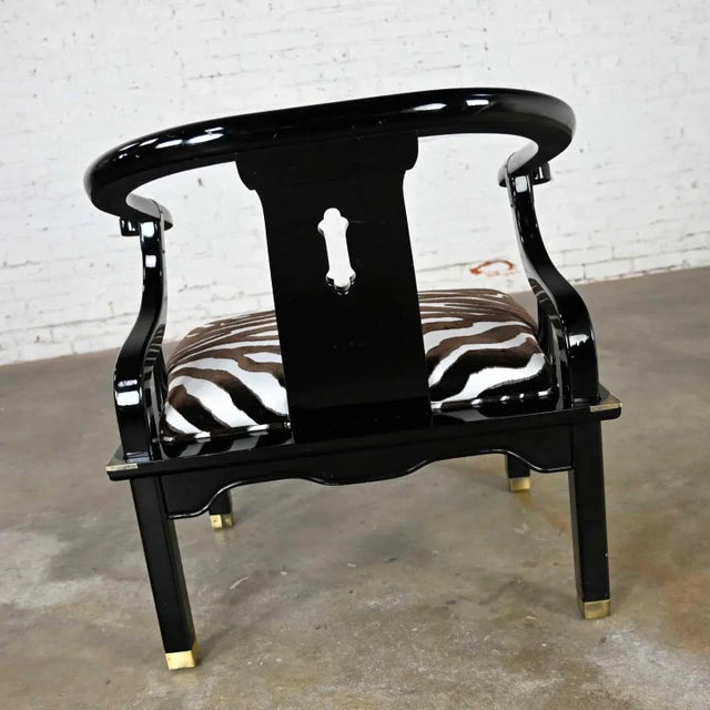 Wood Vintage Ming Style Black Lacquer & Brass Low Chair After James Mont in Scalamandre El Morocco Espresso Fabric For Sale - Image 7 of 13