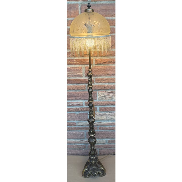 Vintage Brass Beaded Glass Shade Floor Lamp, 1950s For Sale - Image 9 of 12