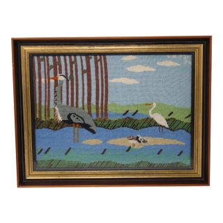 Vintage 1970s Marshland Bird Needlepoint in Gold-Toned Frame, Initialed l.h. For Sale
