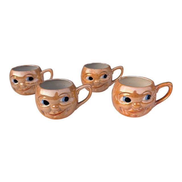 Vintage Anthropomorphic Man in the Moon Porcelain Mugs – Set of 4 Lusterware Figural Cups, Made in Japan (1920s–1930s) Pre-War Novelty Drinkware For Sale